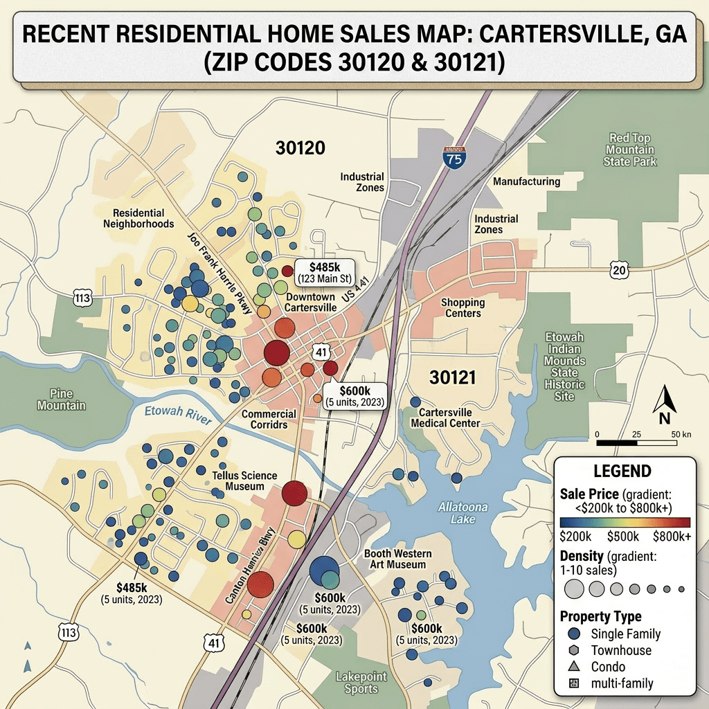 Map of recent home sales in Cartersville GA with property types and sale prices